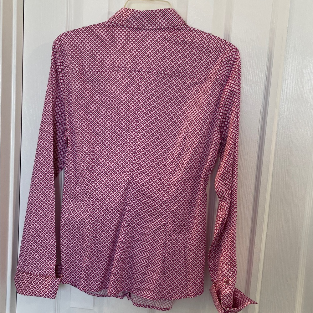 NEW YORK & Co PINK & WHITE LONG SLEEVE BUTTON UP FRONT COLLARD BLOUSE SHIRT SZ L - Picture 9 of 11